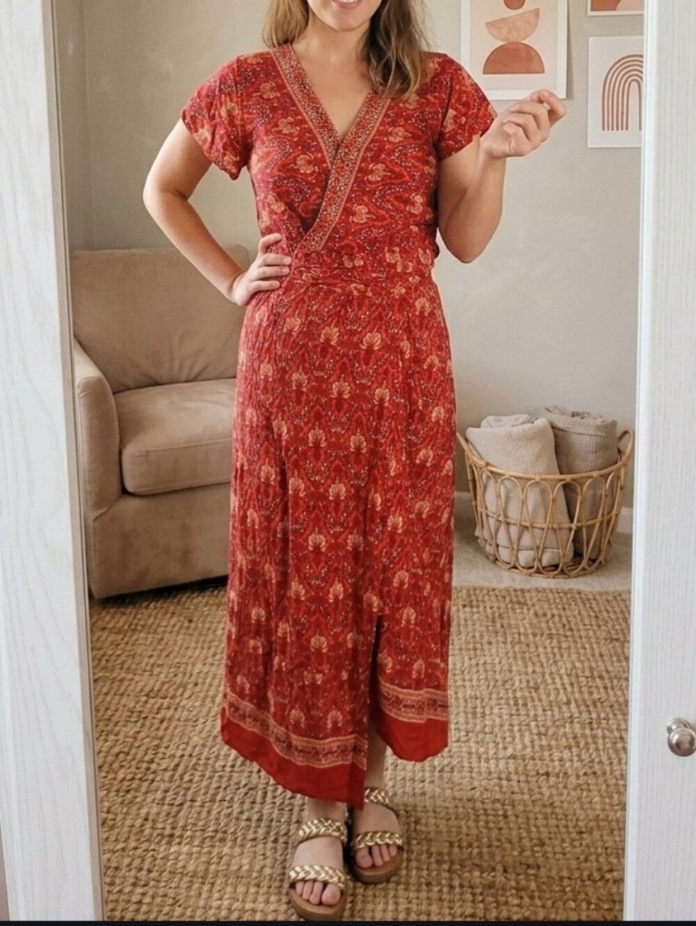 Pretty Garden Red Floral Wrap-Style Maxi Dress Womens Medium